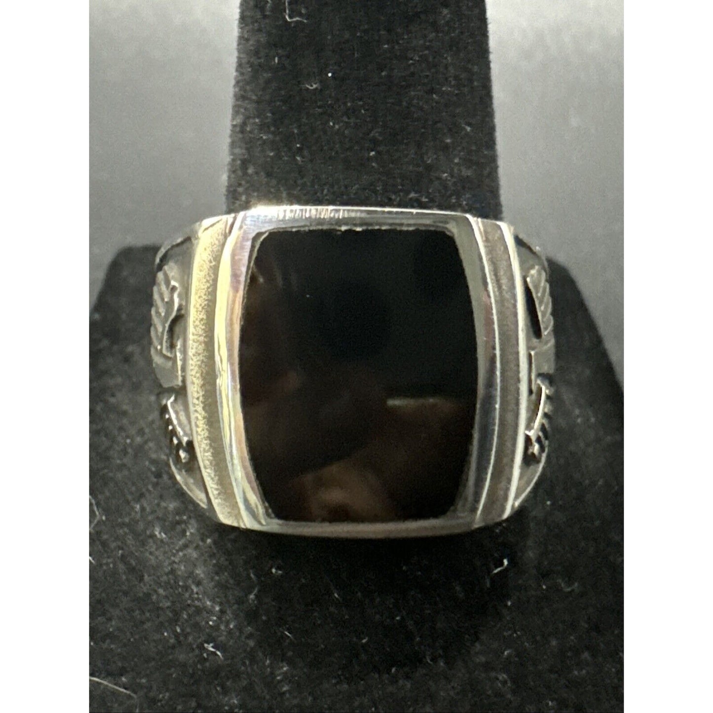 New Condition Sterling Silver Onyx Aztec Eagle Design Signet Ring 925 Size 10