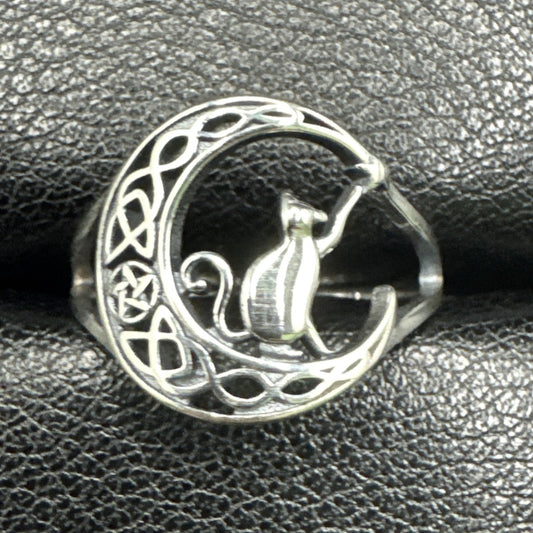 New Condition Sterling Silver Kitty Cat Crescent Moon Ring 925 Size 7 R01