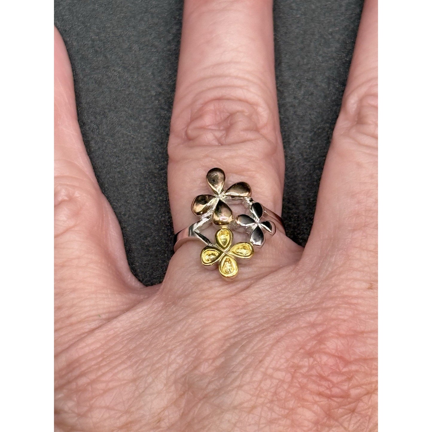 New Condition Sterling Silver Rose Gold Tri Color Plumeria Ring Size 7.00