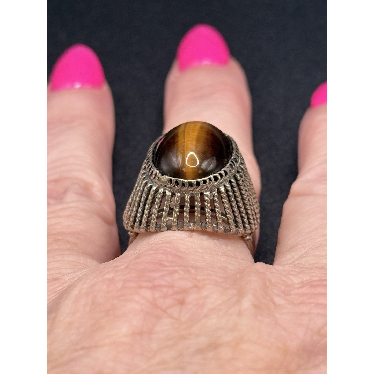 Vintage Sterling Silver Genuine Tigers Eye Ring Size 7.50 Adjustable 925 Q7