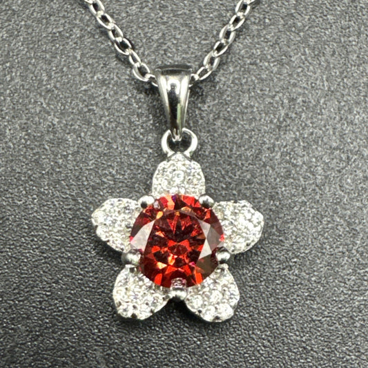 New Condition 18” Sterling Silver Red Moissanite Daisy Pendant Necklace GRA