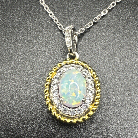 New Condition 18” Sterling Silver 14k Gold Plated Lab Opal Pendant Necklace 925