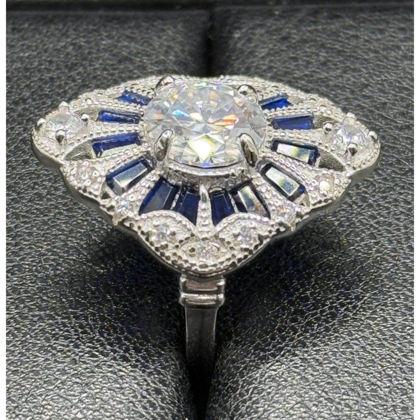 New Condition Sterling Silver Moissanite Art Deco Ring Size 7.00 GRA Q23