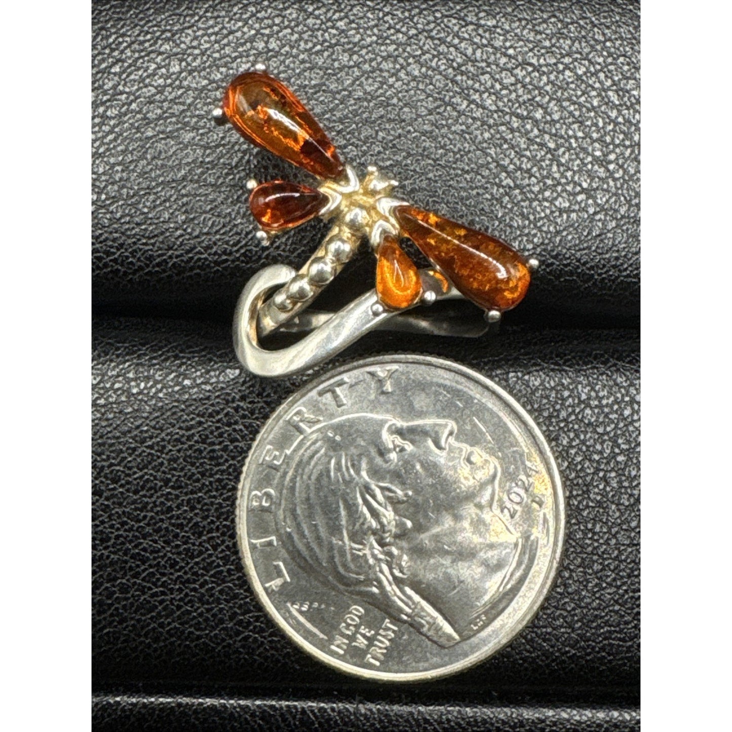 Delicate Sterling Silver Amber Dragonfly Ring 925 Size 7.5 R08