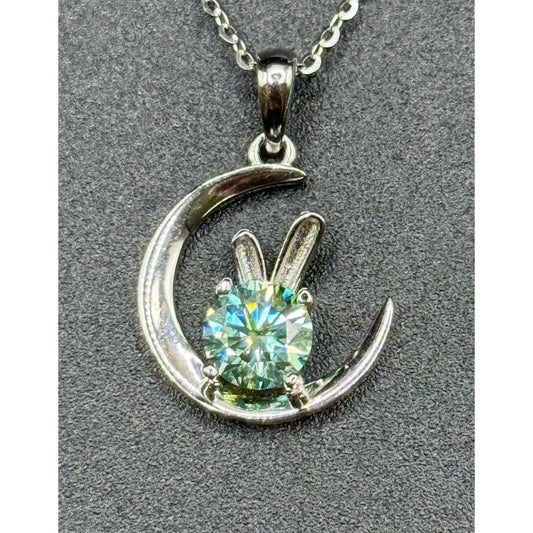 New Condition 18” Light Blue Moissanite Rabbit Sterling Silver Pendant Necklace