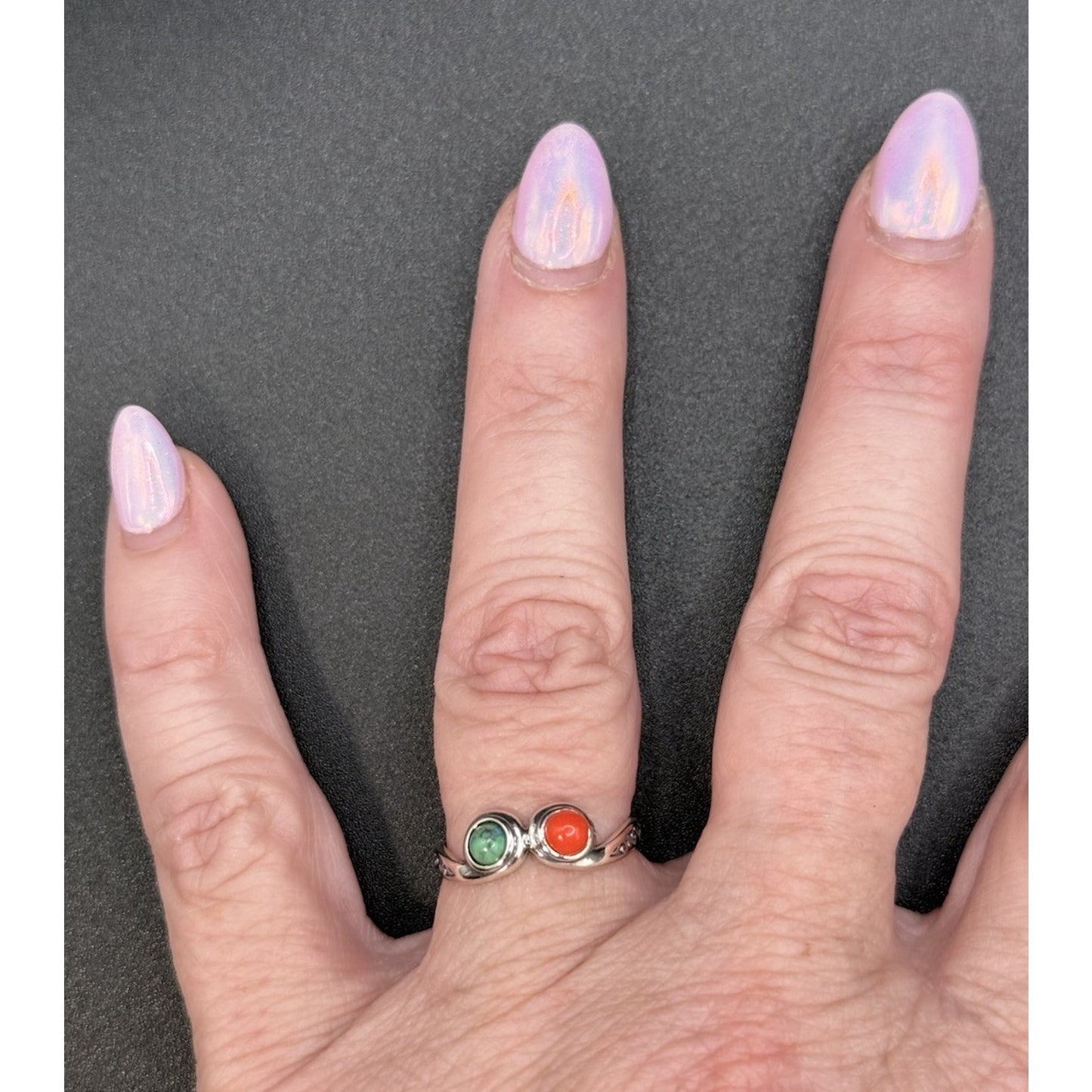 New Condition Sterling Silver Turquoise Coral Ring Size 7.00