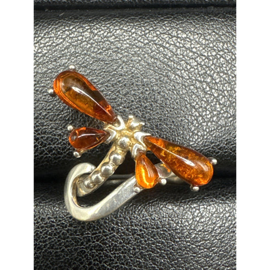 Delicate Sterling Silver Amber Dragonfly Ring 925 Size 7.5 R08