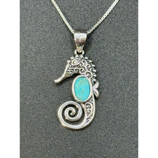 18” New Condition Sterling Silver Turquoise Seahorse Pendant Necklace 925