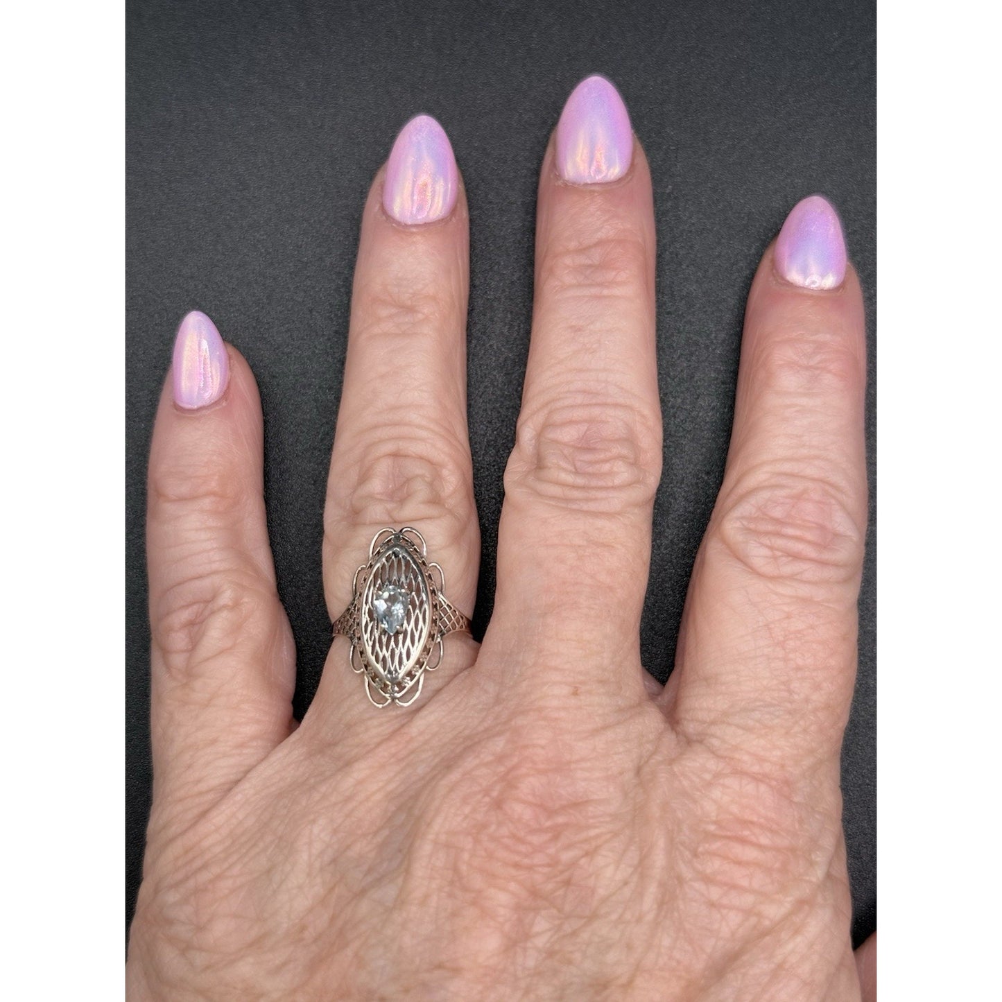 EUC Sterling Silver Genuine Blue Topaz Filigree Ring Size 7.00 925 Q21