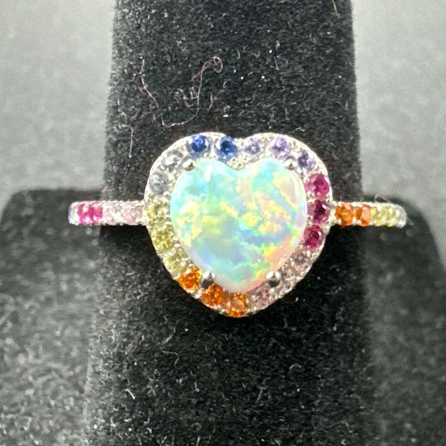 New Condition Sterling Silver Opal Heart Multi Color CZ Ring 925 Size 7