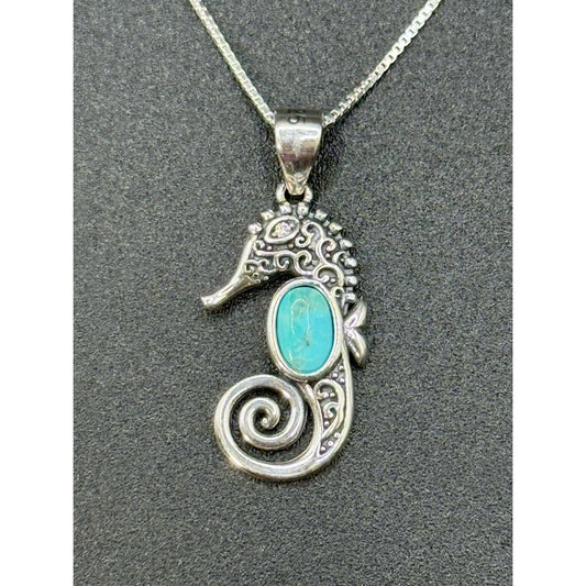 18” New Condition Sterling Silver Turquoise Seahorse Pendant Necklace 925