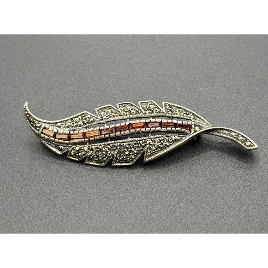 Vintage Sterling Silver Marcasite Red Gem Leaf Brooch Pin 8 Grams W18