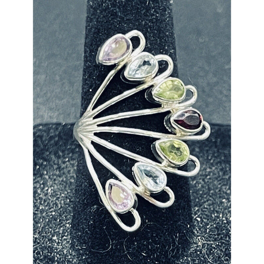 New Condition Sterling Silver Multi Gemstone Bezels Ring Size 7.00