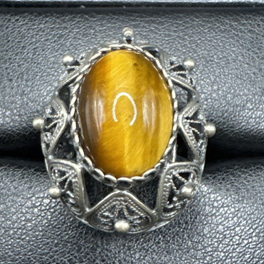 Vintage Sterling Silver Tigers Eye Dome Ring 915 Size Adjustable Q28