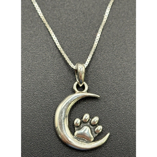 18" New Condition Sterling Silver Paw Print Moon Pendant Necklace 925