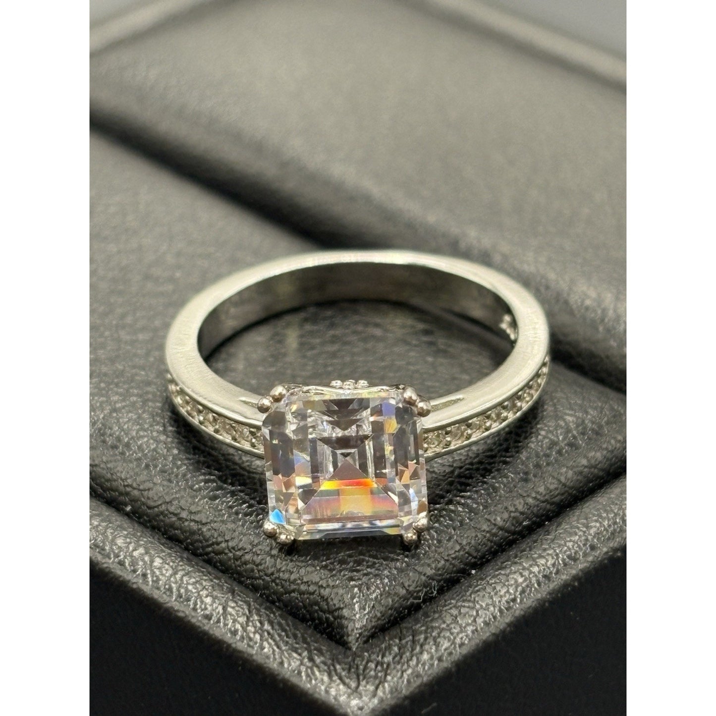 New Condition Sterling Silver Cubic Zirconia Ascher Cut Engagement Ring Size 7