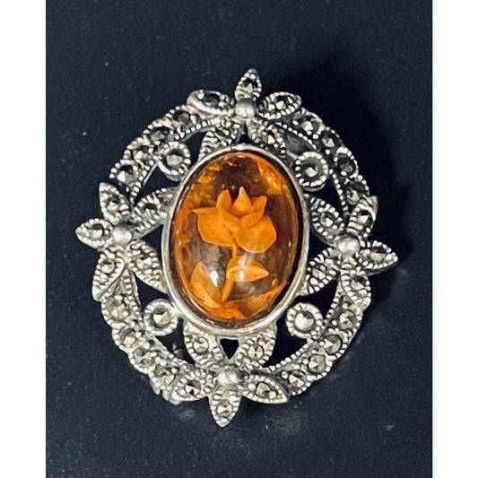 Vintage Sterling Silver Marcasite Flower In Glass Brooch 925 L19