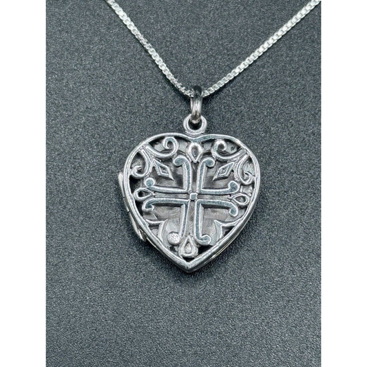 New Condition 20” Sterling Silver Cross Heart Locket Pendant Necklace 925