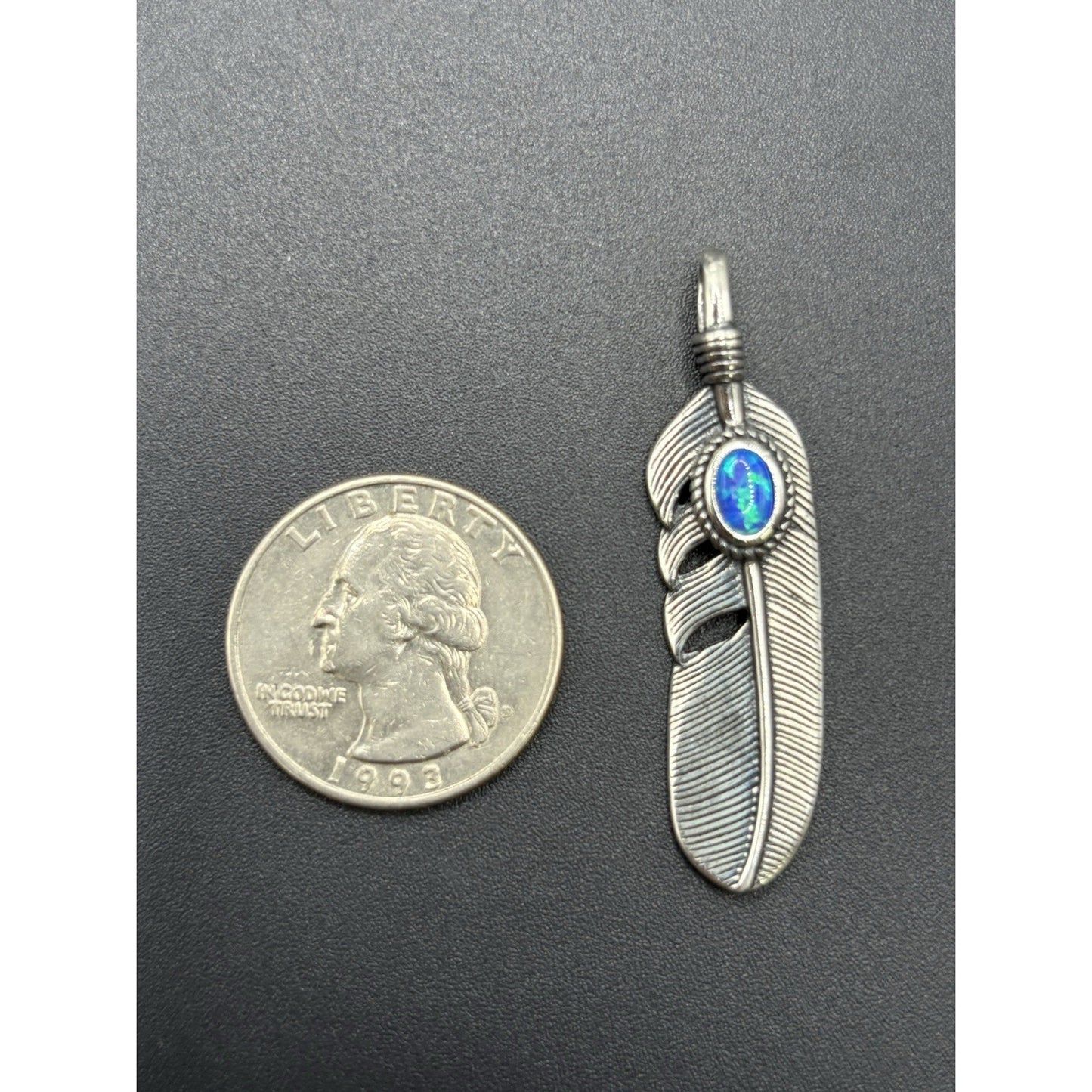 New Condition Sterling Silver Lab Blue Opal Feather Pendant 925 Free Shipping