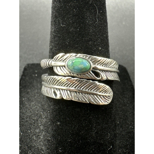 New Condition Sterling Silver Bypass Feather Turquoise Ring Size 7 Adjustable