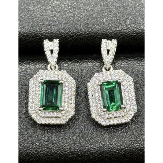 New Condition Sterling Silver Lab Created Emerald White Sapphire Earrings