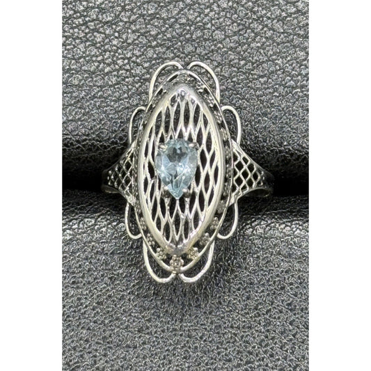 EUC Sterling Silver Genuine Blue Topaz Filigree Ring Size 7.00 925 Q21