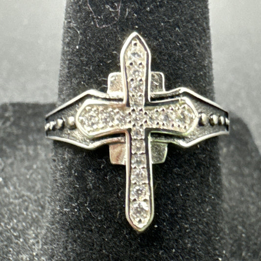 New Condition Sterling Silver CZ Medieval Cross Ring 925 Size 7