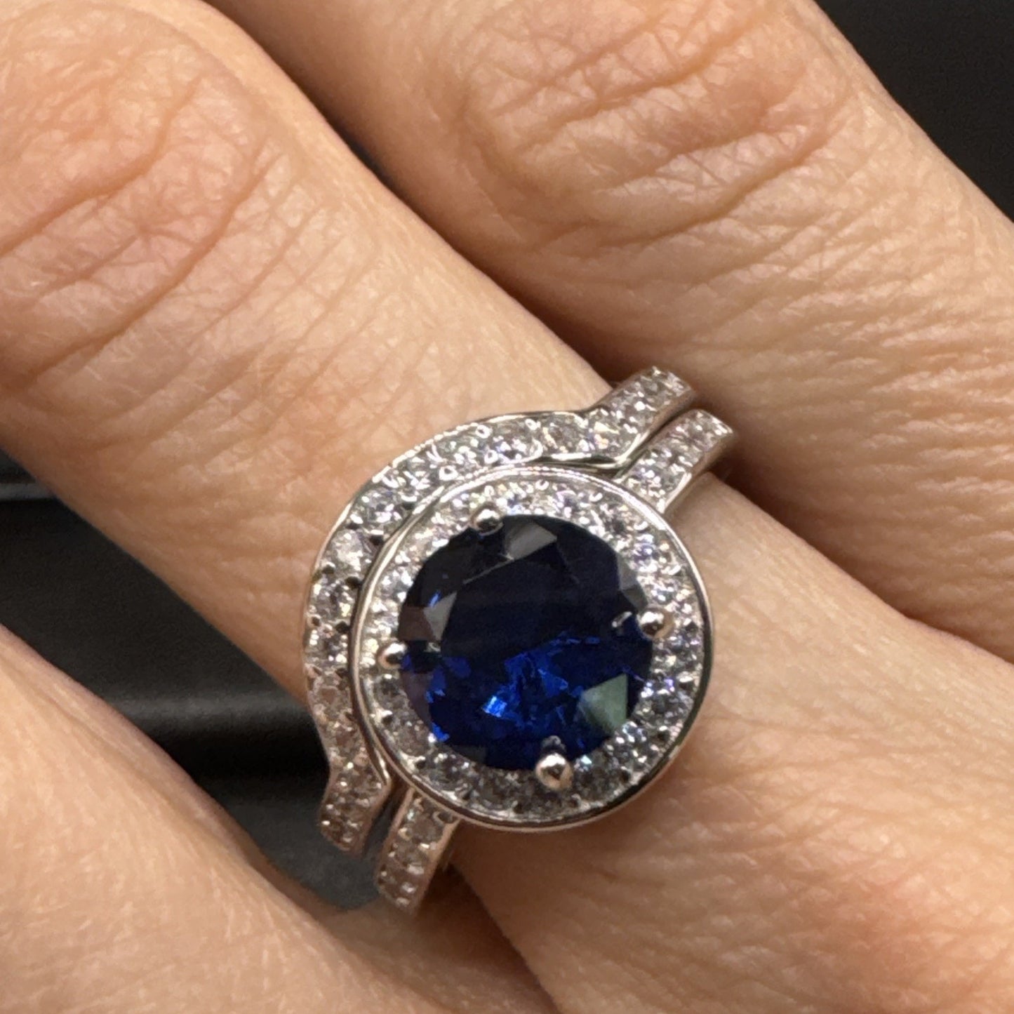 New Condition Sterling Silver Blue CZ Wedding Rings Set 925 Size 8