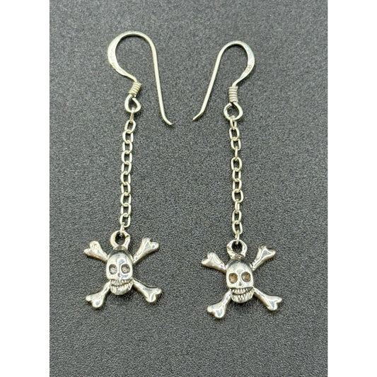 New Condition Sterling Silver Dangle Skull Jolly Roger Earrings 925
