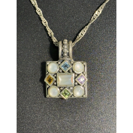 20” Sterling Silver Multi Gemstone Pendant Necklace 925 M23
