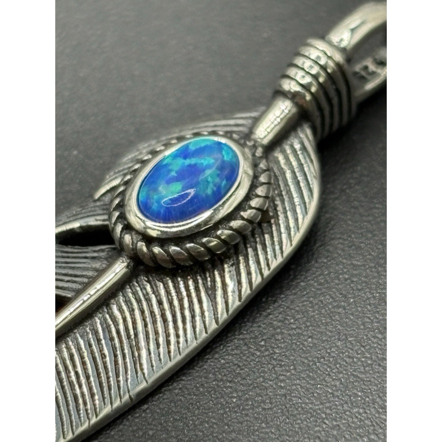 New Condition Sterling Silver Lab Blue Opal Feather Pendant 925 Free Shipping
