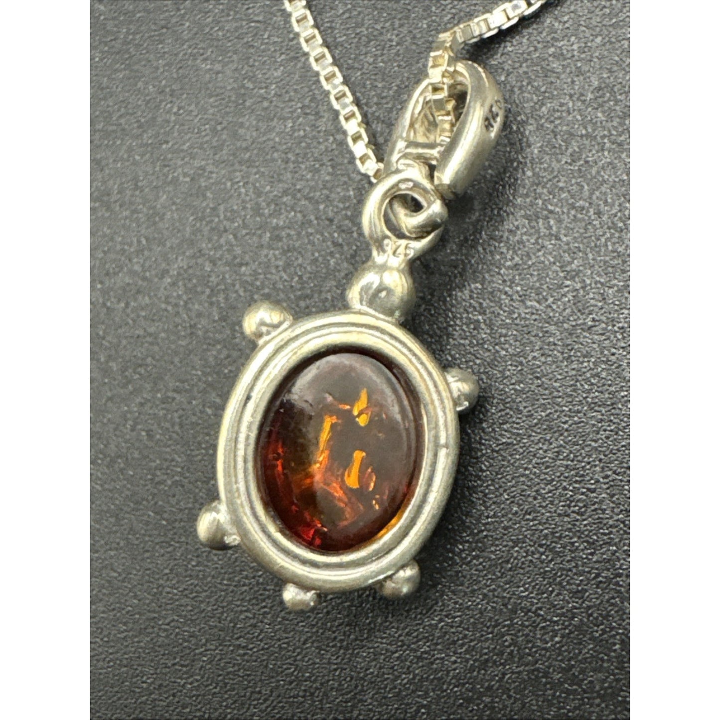 20” Sterling Silver Genuine Amber Turtle Pendant Necklace 925 R21