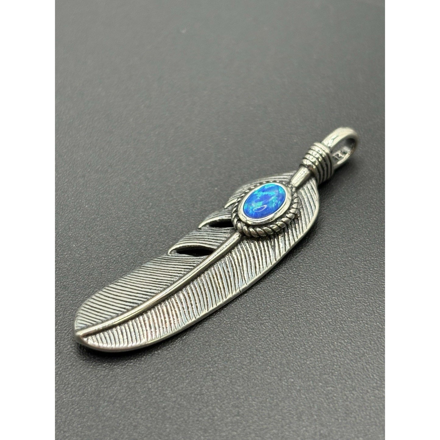 New Condition Sterling Silver Lab Blue Opal Feather Pendant 925 Free Shipping
