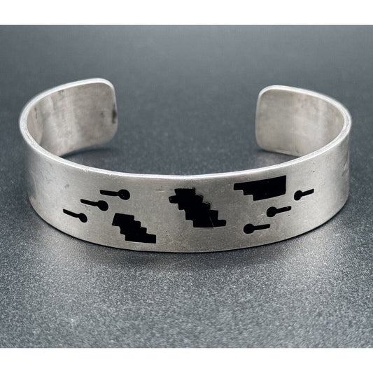 Vintage Sterling Silver 7.25” Cuff Bracelet Black Enamel 34 Grams M27