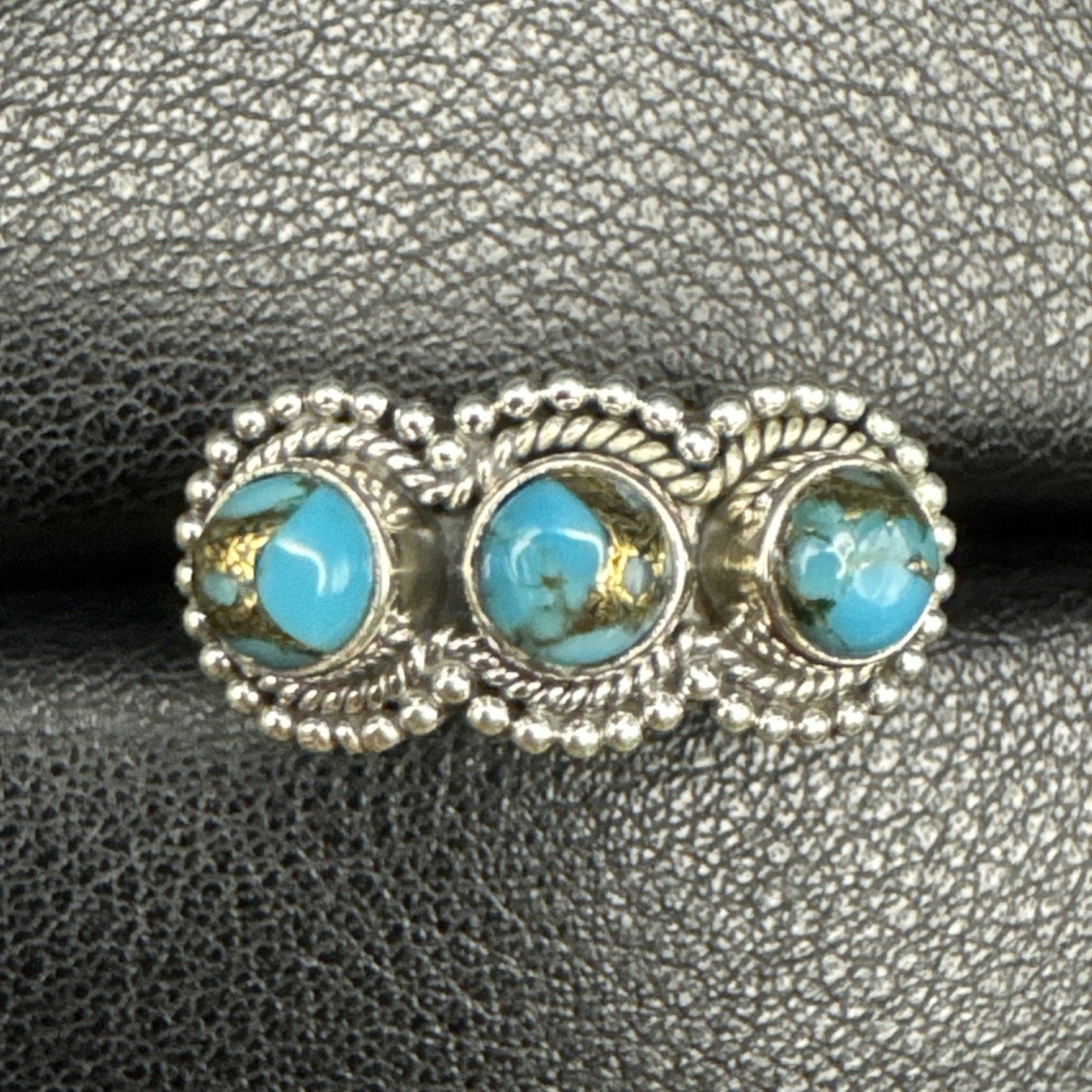 New Condition Sterling Silver Copper Turquoise Three Stone Ring Size 7