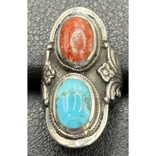 New Condition Turquoise Coral Long Ring 925 Size 5