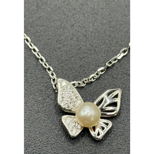 NewCondition SterlingSilver CubicZirconia Butterfly Dainty Pearl Necklace