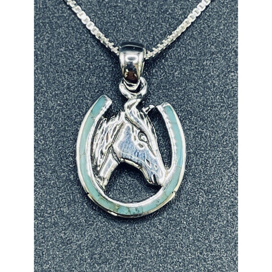 New Condition 20” Sterling Silver Turquoise Lab Opal Horse Shoe Pendant Necklace