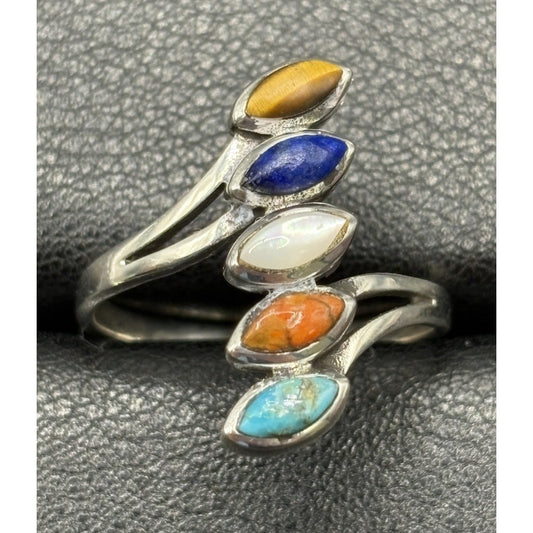 New Condition Sterling Silver Multi Gemstone Bypass Ring Size 10