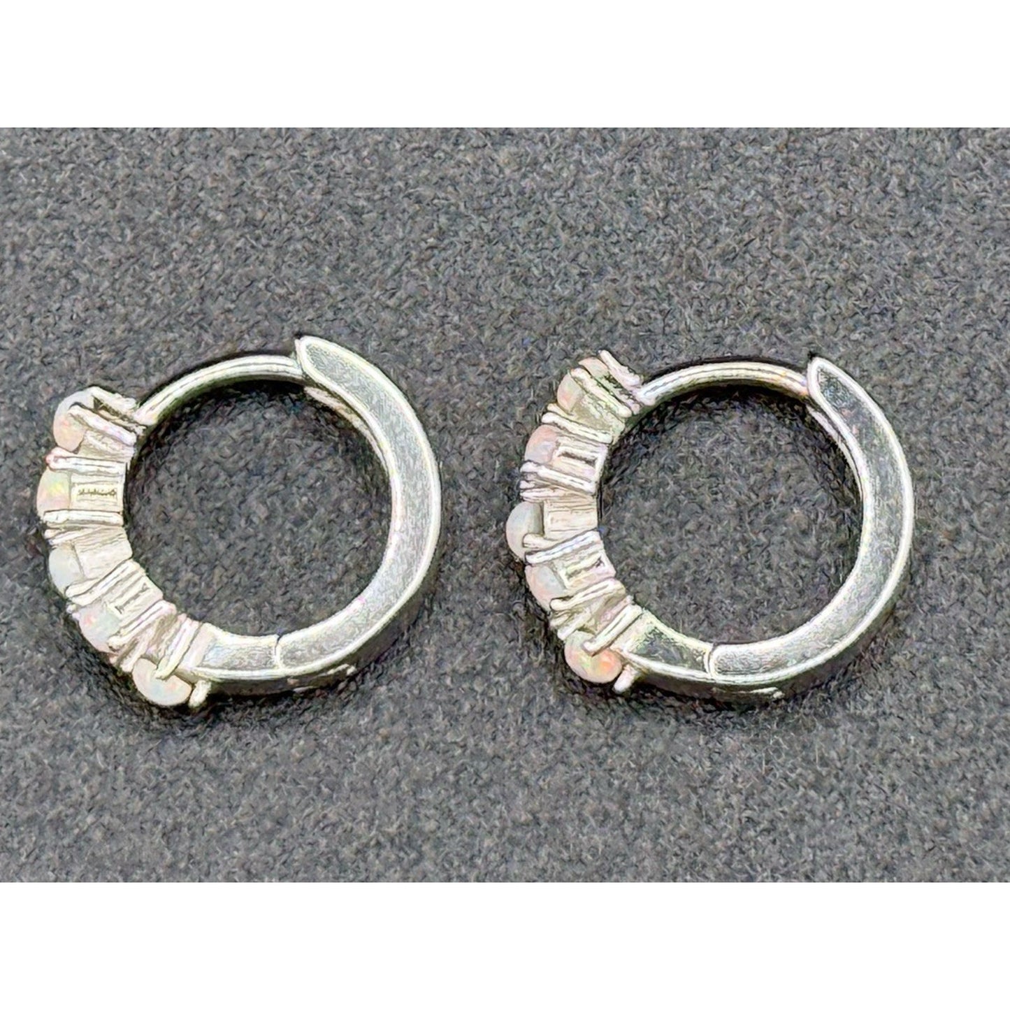 New Condition Dainty Sterling Silver Lab Opal Huggie Earrings 925