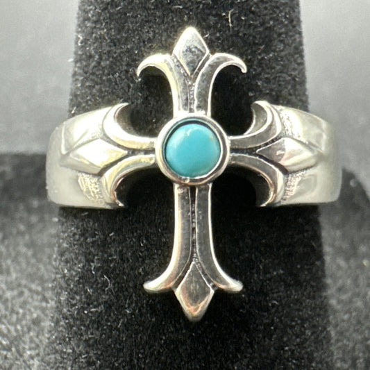 New Condition 7RI24 Sterling Silver Turquoise Medieval Cross Ring 925 Size 7