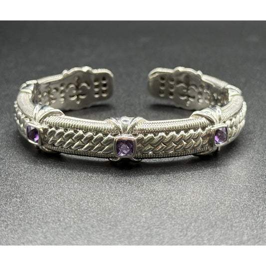 Judith Ripka Sterling Silver Genuine Amethyst Hinged Cuff Bracelet Q15