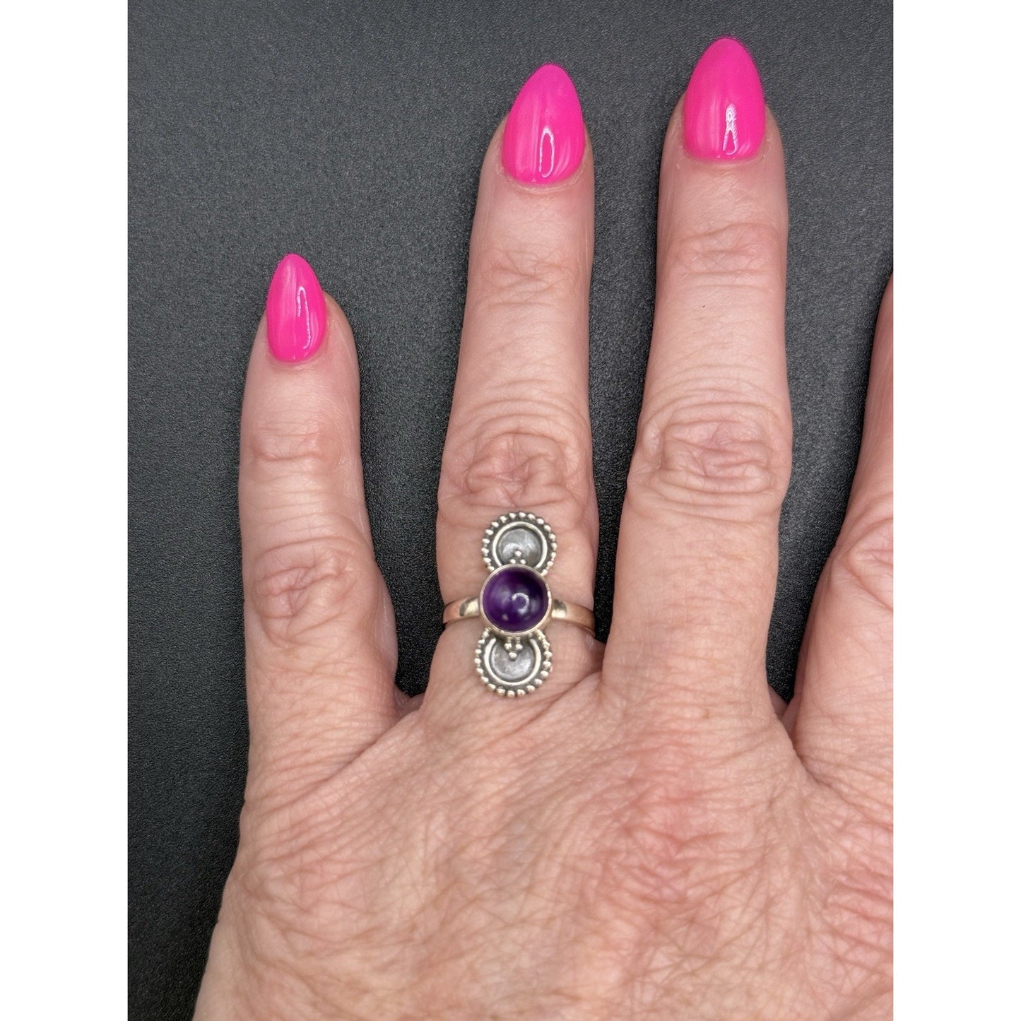 New Condition Sterling Silver Genuine Cab Amethyst Ring Size 7.00