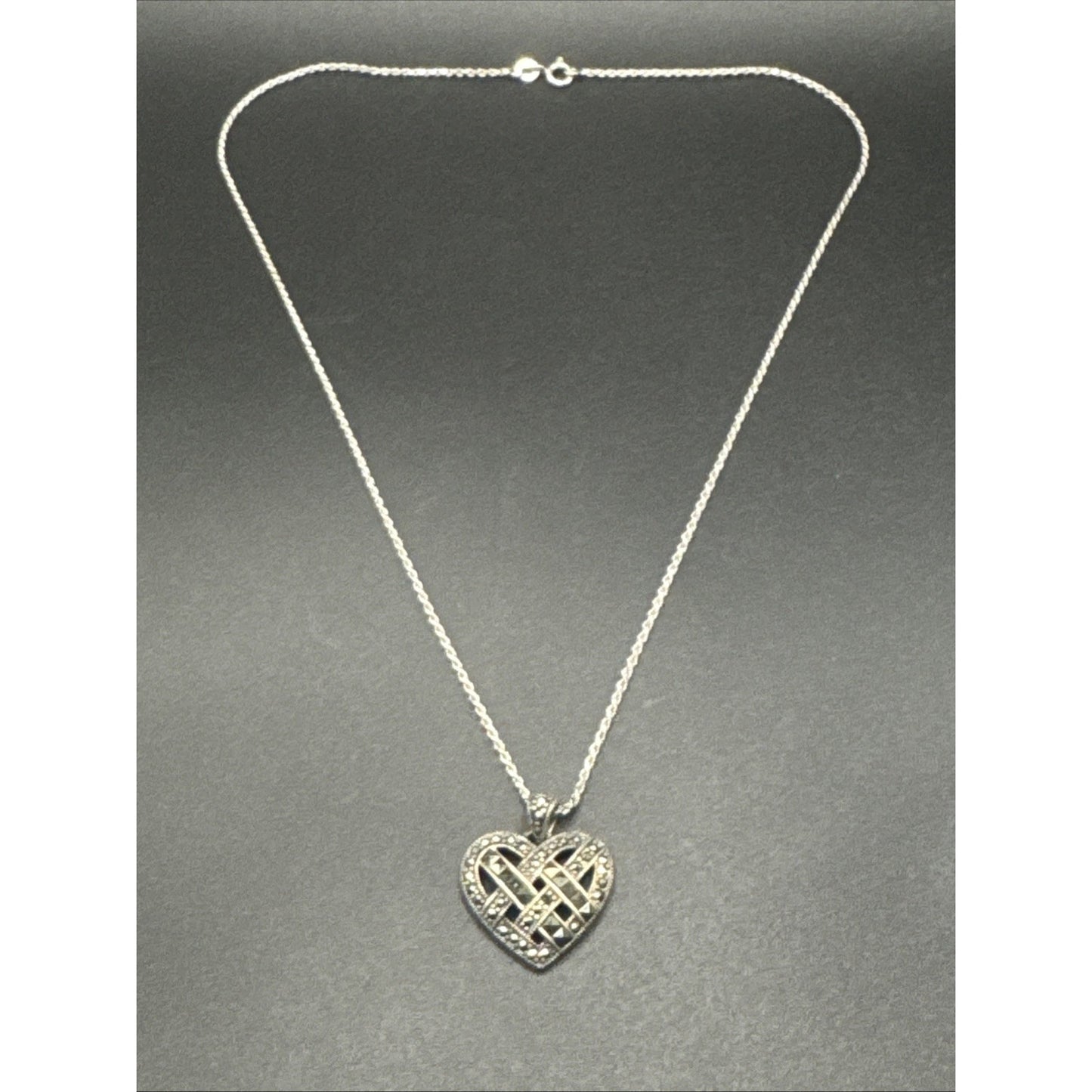 18” Ross Simmons Sterling Silver Marcasite Lattice Heart Pendant Necklace 925 R9