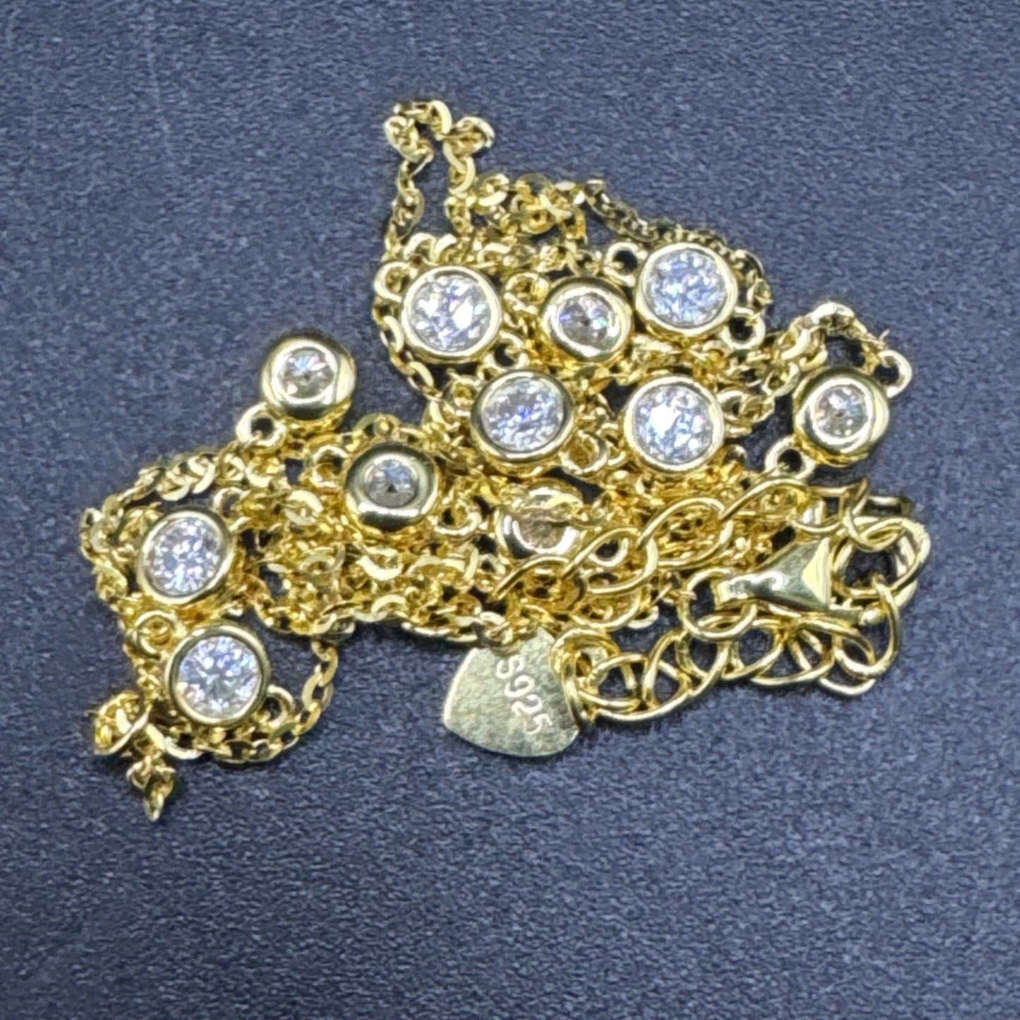 New Condition Gold Sterling Silver 18” Moissanite Station Lariat Necklace