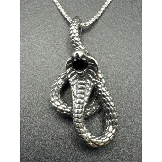 20” New Condition Sterling Silver Onyx King Cobra Snake Pendant Necklace