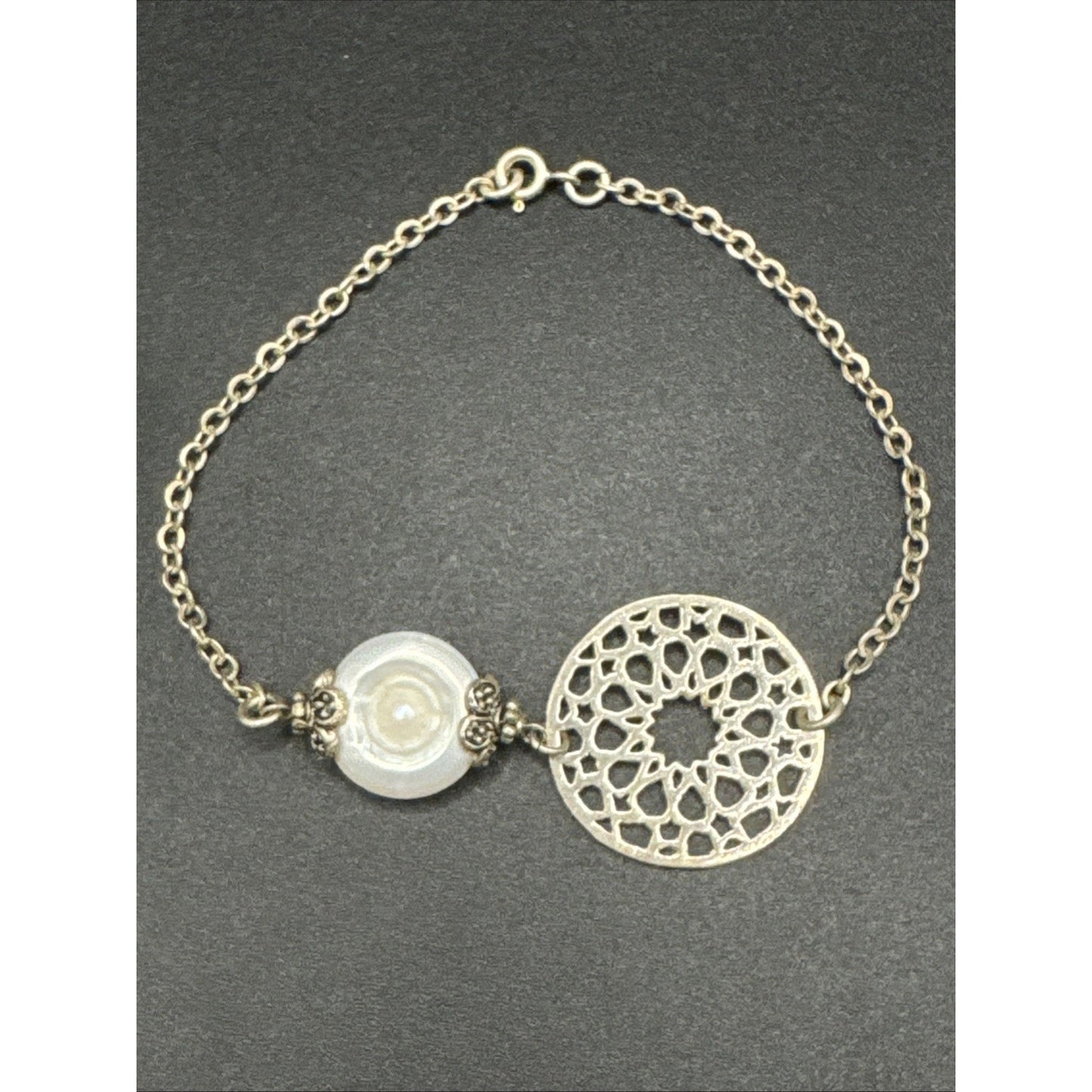 7.5” Sterling Silver Openwork Medallion Pearl Bracelet 925 T29