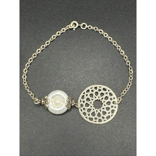 7.5” Sterling Silver Openwork Medallion Pearl Bracelet 925 T29