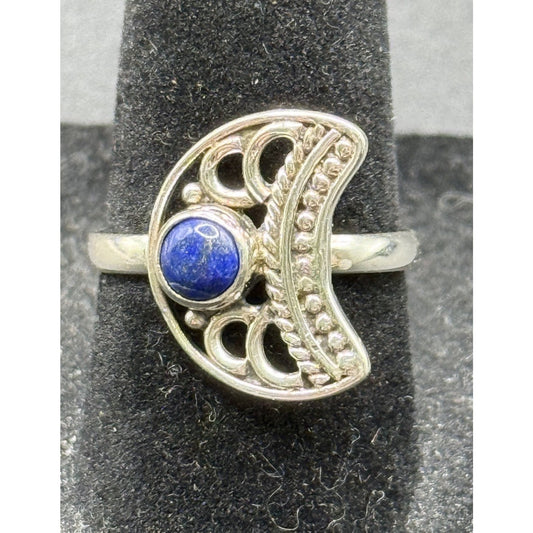 New Condition Sterling Silver Genuine Lapis Moon Ring Size 7.00