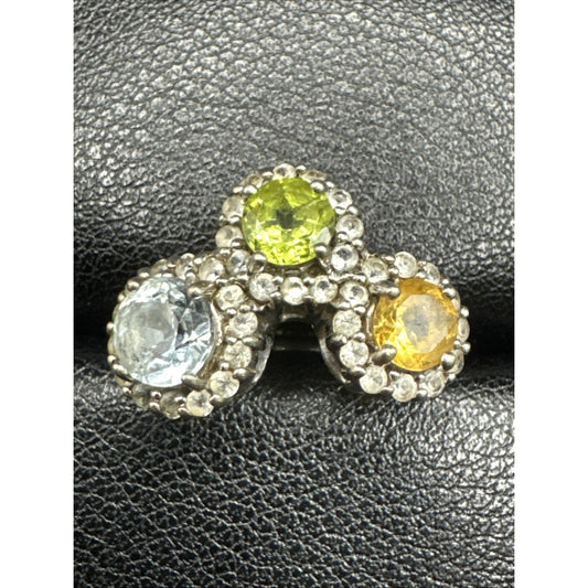 Sterling Silver Triple Gemstone Halo Set To 6.75 Be Green Orange R08